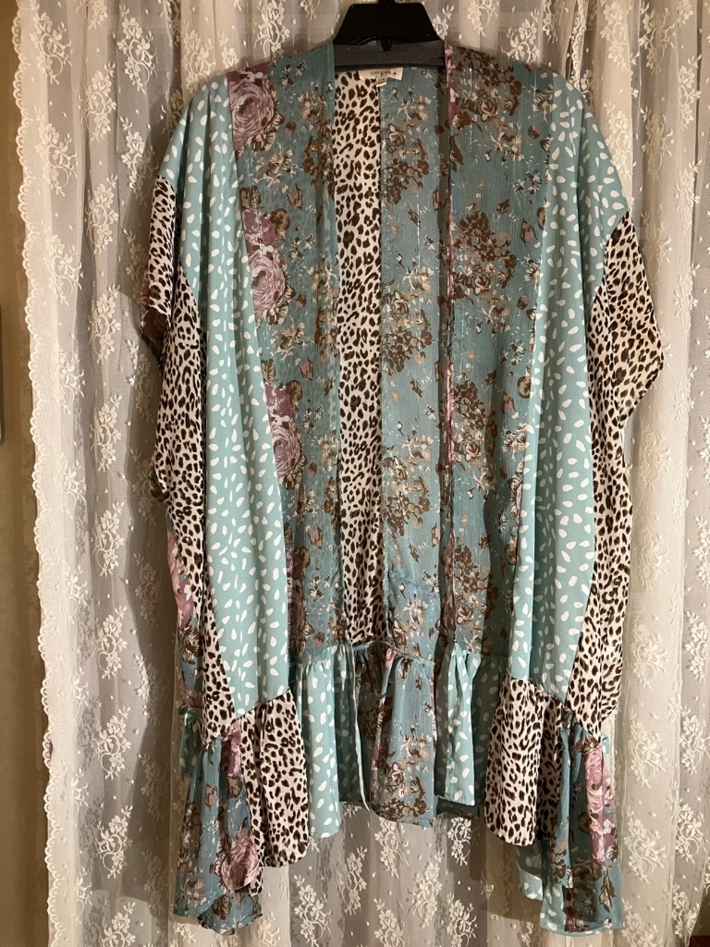 Patchwork Floral & Leopard Open Kimono in Aqua